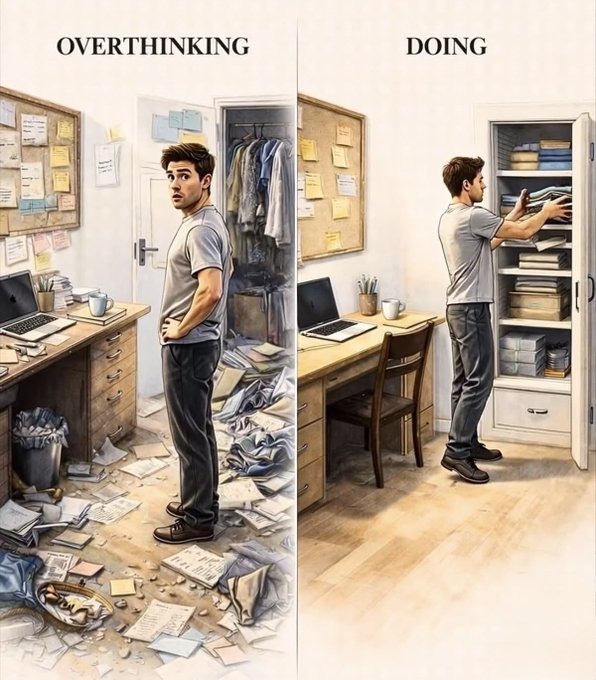 A side-by-side illustration labeled 'OVERTHINKING' vs 'DOING' showing a man in a messy room surrounded by scattered papers versus the same man organizing a clean closet.