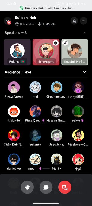 A screenshot of a Telegram voice chat called 'Builders Hub: Rialo: Builders Hub' featuring three speakers and an audience of 494 participants.