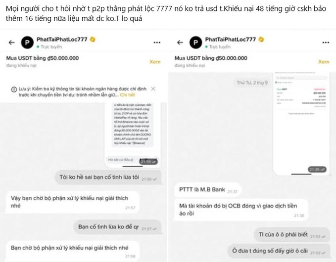 A Vietnamese social media post by 'PhatTaiPhatLoc777' showing chat screenshots about a failed USDT purchase of đ50,000,000, with the user complaining about a 48-hour-plus complaint process.