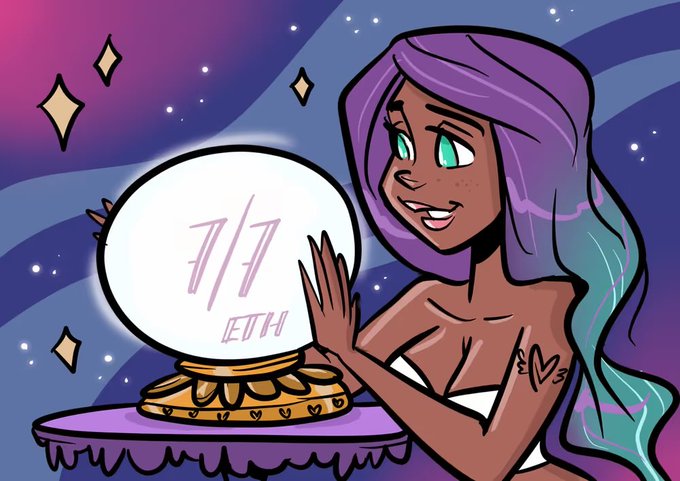 A cartoon illustration of a purple-haired mermaid gazing into a crystal ball displaying '7/7 ETH' against a starry cosmic background.