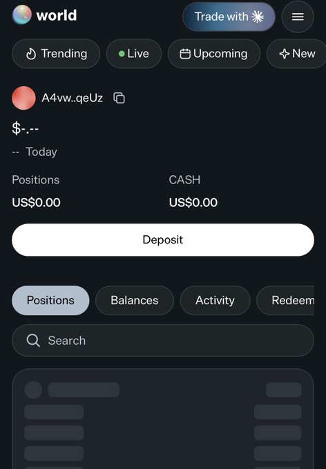 A mobile app screen for a platform called 'world' showing a user profile for 'A4ww.qeUz' with zero balances in Positions and CASH, along with a 'Deposit' button.
