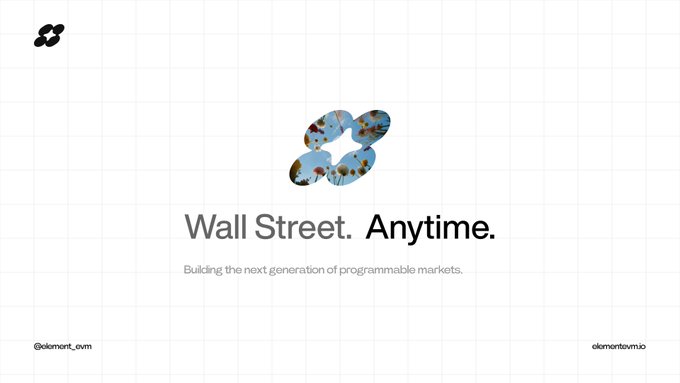 A minimalist landing page for Elementus featuring an abstract butterfly-like logo with a terracotta and blue pattern, the tagline "Wall Street. Anytime." and subtitle "Building the next generation of programmable markets." The image introduces the post's concept of bringing traditional market functionality onchain with 24/7 access and leverage, with the opening hours text "Wall Street. Anytime." reinforcing the always-available nature of their new markets.