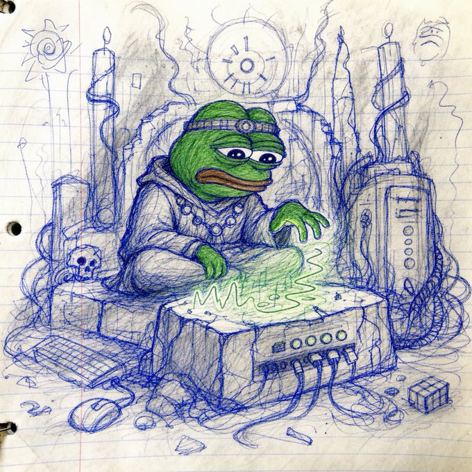 urns of fire, skull and crossbones, and a clock are scattered around the page, with a frog-like creature holding a crystal ball above it.