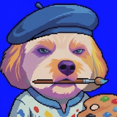 A pop-art style illustration of a dog dressed as an artist, wearing a blue beret and a paint-splattered smock, holding a brush in its mouth and a palette in its paw against a blue background.