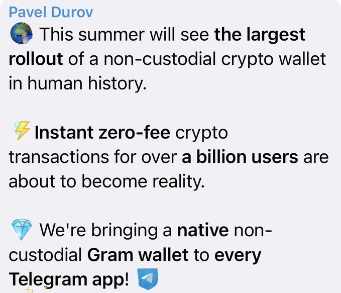 The image is a post from Pavel Durov announcing the largest rollout of a non-custodial crypto wallet in history, featuring instant zero-fee crypto transactions for over a billion users through the native non-custodial Gram wallet integrated into every Telegram app. This aligns with the post's hype around $GRAM, positioning TON as the platform for the next memecoin season with massive built-in reach.