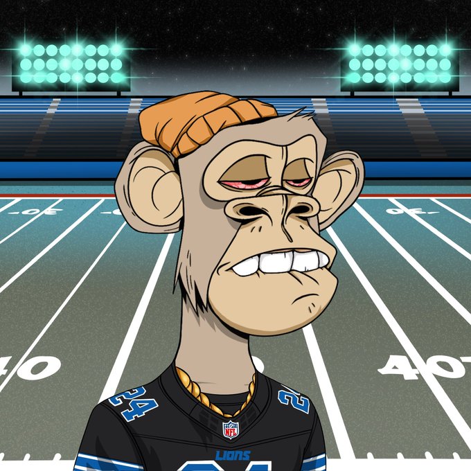 A digital illustration of a monkey wearing a Detroit Lions (NFL) jersey, standing on a football field at night under bright stadium lights with a tired expression.