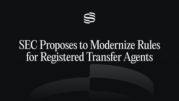 Title card with black background reading 'SEC Proposes to Modernize Rules for Registered Transfer Agents' below a stylized logo.