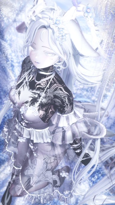 A stylized anime-style figure with long white hair, pointed ears, and a black and white gothic-style dress stands against a dreamy blue floral background. The ethereal, fairy-like aesthetic complements the "#CYCR" tag, suggesting a character design or cosplay related to that theme.