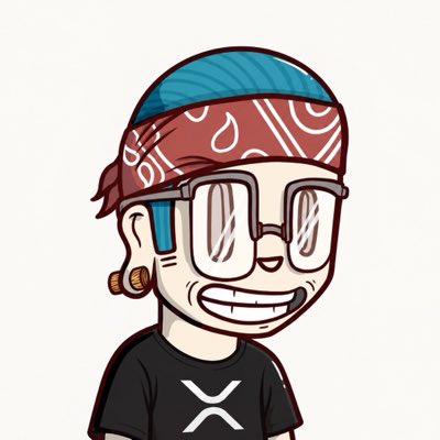 A cartoon illustration of a smiling character wearing a blue and red bandana, oversized square glasses with blue frames, earrings, and a black t-shirt featuring the XRP cryptocurrency logo.