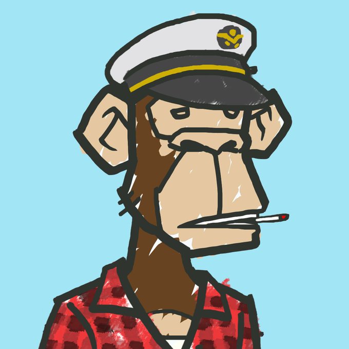 A crudely drawn cartoon ape wearing a captain's hat and smoking a cigarette, dressed in a red flannel shirt, reflecting the "bad art" NFT style teased in the post about giving away 2,000 Bad Ape NFTs as a free mint on OpenSea to celebrate aping into MAYC.