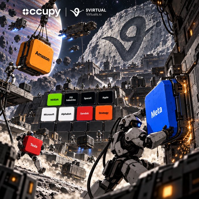 A sci-fi promotional image for 'ccupy | SVIRTUAL Virtuals.io' depicting robots constructing a space base, with blocks labeled by major tech companies including Amazon, NVIDIA, Apple, SpaceX, Microsoft, Alphabet, Sandisk, Strategy, Meta, and Tesla.