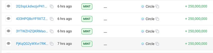 A cryptocurrency transaction log displays multiple MINT transactions of +250,000,000 from Circle, each associated with different wallet addresses and timestamps from 6-7 hours ago.