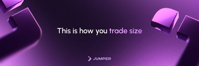 Banner with the text 'This is how you trade size' and the 'JUMPER' logo, set against a purple background with 3D geometric shapes.