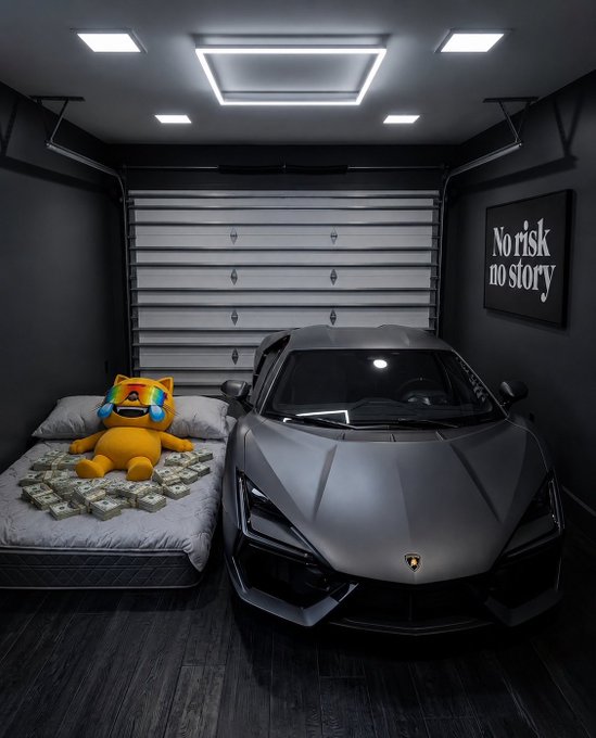 A matte grey Lamborghini is parked in a dark garage next to a bed piled with stacks of cash and a large yellow plush toy, beneath a framed sign that reads "No risk no story."
