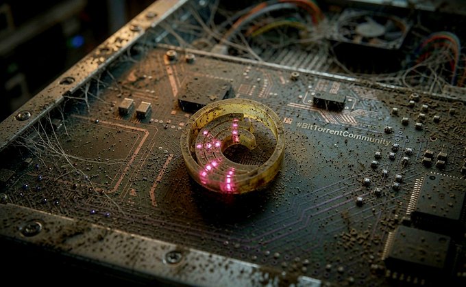 A stylized photo of a circuit board with a glowing, weathered letter 'C' in the center, featuring the watermark '#BitTorrentCommunity' visible on the surface.