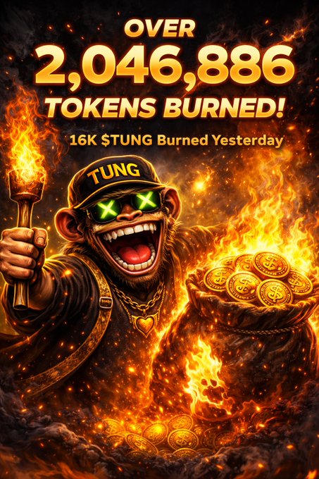 The image features a cartoon monkey holding a torch, surrounded by flames. The monkey appears to be in distress or danger due to the fire surrounding him. The caption above the monkey reads "Over 2,044,866 tokens burned! 16k Tung burnt ever since. #TUNG #MemeCoinSeason #Crypto #BSC #Altcoins #DeFi #Web3 # Cryptocurrency". This post seems to be promoting a cryptocurrency or meme related to the burning of tokens and possibly referencing the character Tung from a popular cartoon series, such as Pokemon.