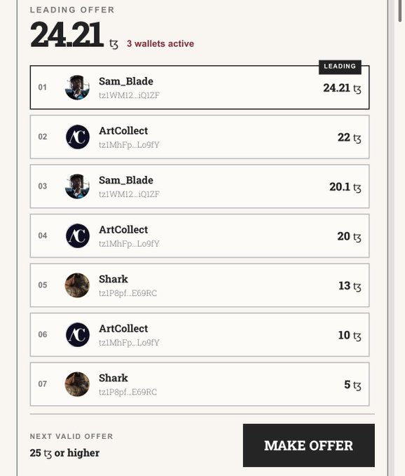 A leading offer screen shows a top bid of 24.21 tez from Sam_Blade for an NFT, with 7 competing offers from ArtCollect, Shark, and Sam_Blade, and a 'Make Offer' button.