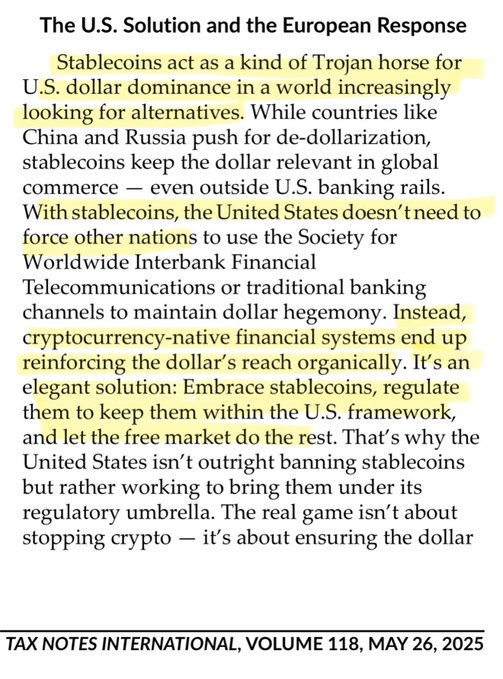 A highlighted excerpt from "Tax Notes International, Volume 118, May 26, 2025" titled "The U.S. Solution and the European Response" discusses how stablecoins act as a "Trojan horse" for U.S. dollar dominance, reinforcing the dollar's reach through cryptocurrency-native financial systems rather than traditional banking channels like SWIFT — directly supporting the post's claim that XRP's RLUSD serves as the dollar's "Trojan Horse" by expanding U.S. monetary influence through crypto rails.