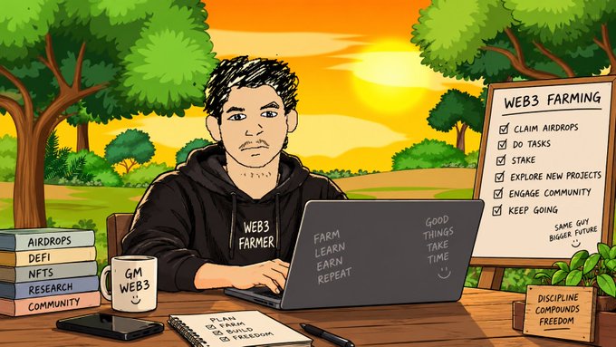 An illustrated digital artwork depicts a 'Web3 Farmer' working on a laptop at sunset, surrounded by items labeled 'AIRDROPS,' 'DEFI,' 'NFTS,' and 'RESEARCH,' with a checklist titled 'WEB3 FARMING' listing tasks like 'CLAIM AIRDROPS' and 'STAKE'.