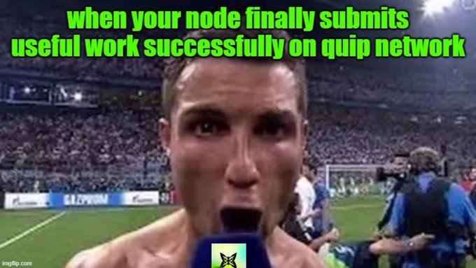 A meme featuring soccer player Eden Hazard with text reading 'when your node finally submits useful work successfully on quip network'.