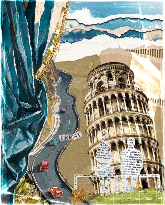 A collage artwork features the Leaning Tower of Pisa alongside a winding road with cars, blue water textures, and a cutout reading 'TRUST'.