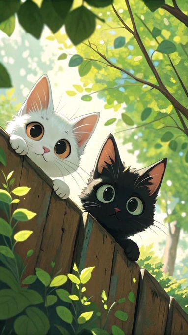 An animated illustration shows a white cat and a black kitten peeking over a wooden fence surrounded by lush green foliage and dappled sunlight.