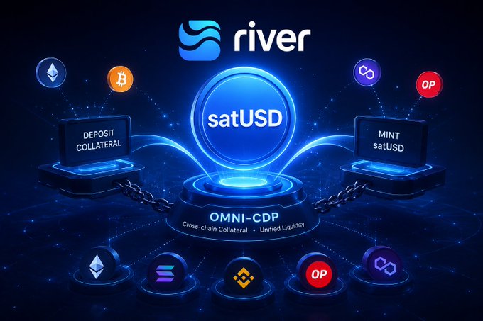 A digital graphic for 'river' featuring satUSD with OMNI-CDP showing cross-chain collateral including ETH, BTC, Polygon, and OP.