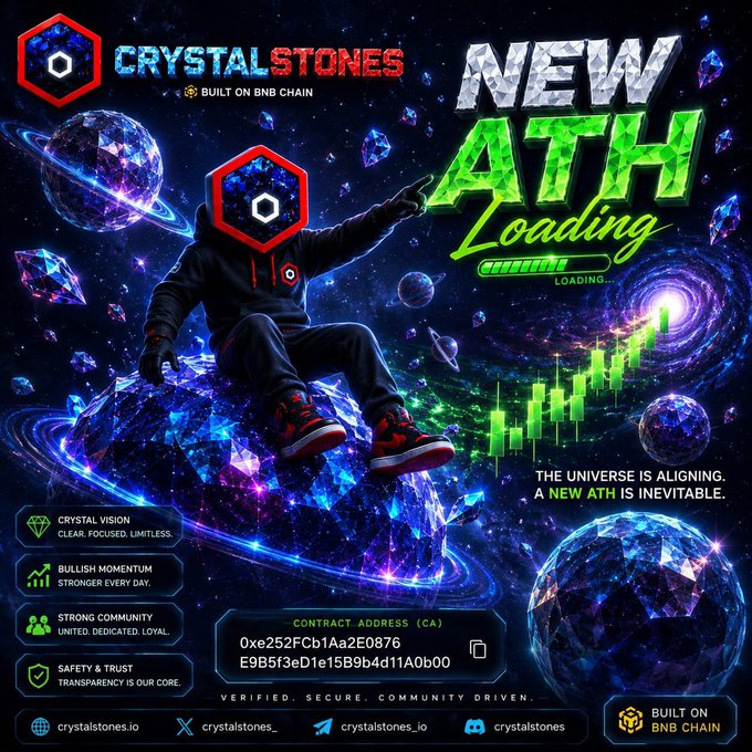 A "Crystal Stones" promotional graphic on BNB Chain announces a "NEW ATH LOADING" with "The universe is aligning. A new ATH is inevitable," featuring a hooded figure on a cosmic crystal alongside the contract address 0xe252Fcb1Aa2E0876E9B5f3eD1e15B9b4d11A0b00 and social handles for crystalstones.io. The post's commentary on backing tokens with real-world assets like gold and lithium aligns with the ad's emphasis on transparency, community, and imminent price breakout.