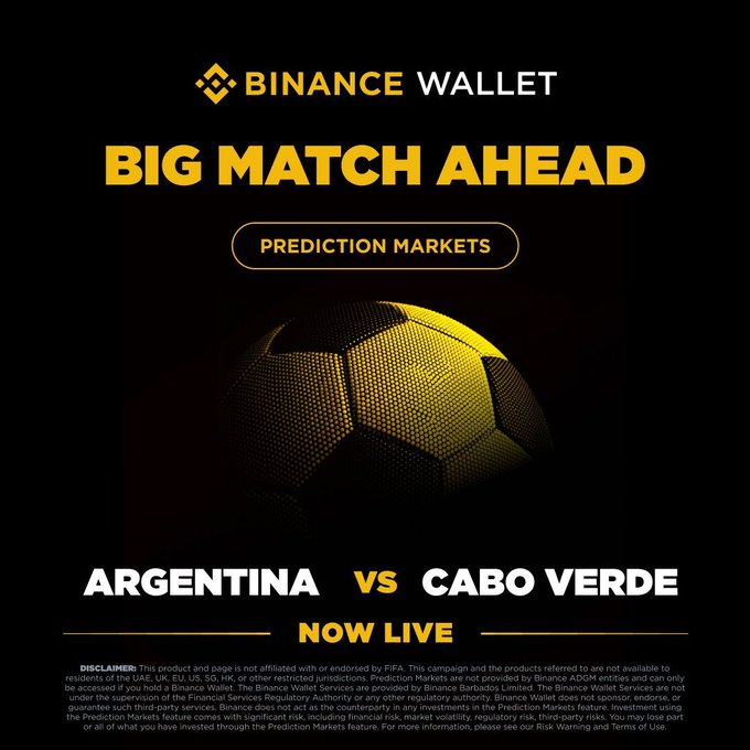 The image is a Binance Wallet promotional poster featuring a yellow and black soccer ball with bold text reading "BIG MATCH AHEAD" and "PREDICTION MARKETS," advertising the live Argentina vs. Cabo Verde prediction market, matching the accompanying post's announcement of the $2M USDT prize pool trading opportunity.