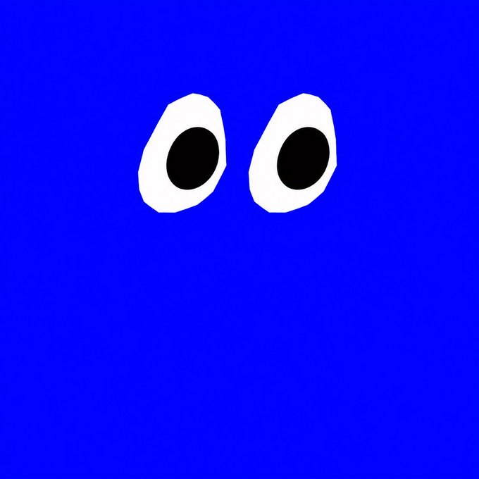 A minimalist digital illustration featuring two simple oval eyes with black pupils against a solid bright blue background.