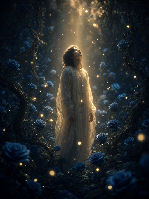 An ethereal digital artwork depicts a figure in a flowing white gown looking upward, surrounded by glowing blue roses, fireflies, and rays of light in a dark forest setting.