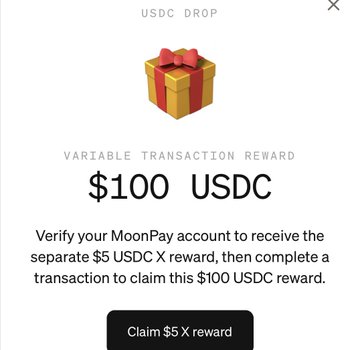 A MoonPay USDC Drop promotion popup offers a $100 USDC variable transaction reward, requiring users to verify their MoonPay account for a $5 USDC reward first, with a button to "Claim $5 X reward." The image illustrates the initial step mentioned in the post, showing how users can access the MoonPay rewards system, potentially useful for those in restricted regions seeking alternative claiming methods.