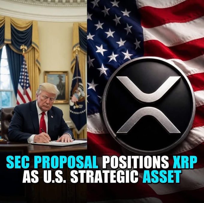 A news graphic featuring Donald Trump at a desk and the XRP logo over an American flag, with the text 'SEC PROPOSAL POSITIONS XRP AS U.S. STRATEGIC ASSET'.