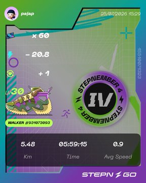 The image shows a STEPN GO fitness app screenshot displaying a user activity summary on 23/07/2026 at 15:29, with a Walker sneaker NFT (#930703093), a distance of 5.48 km completed in 5:59:15 at an average speed of 0.9, earning 20.8 Gems and 30 Energy. The "花火綺麗だったな〜" (the fireworks were beautiful) caption reflects the user's enjoyment of the step-tracked outdoor activity, likely during a fireworks viewing walk.