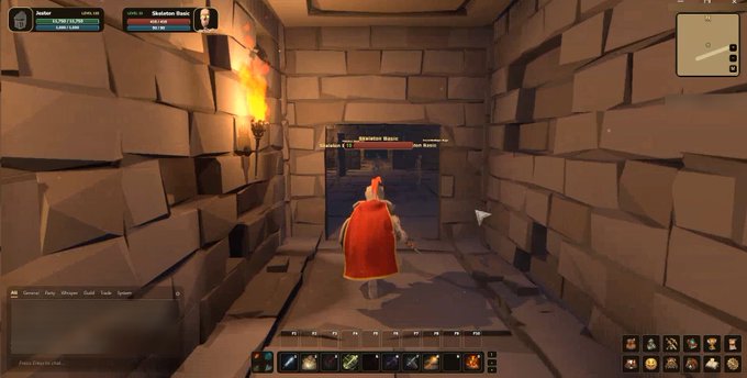 A screenshot from a video game showing a character in a red cape standing in a stone corridor, with player names and stats including 'Jupiter' and 'Skeleton Boss' visible at the top.