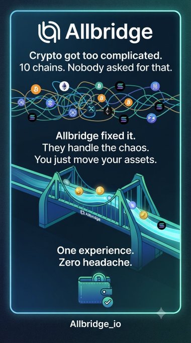 An Allbridge advertisement with the text "Crypto got too complicated. 10 chains. Nobody asked for that." and "Allbridge_io".