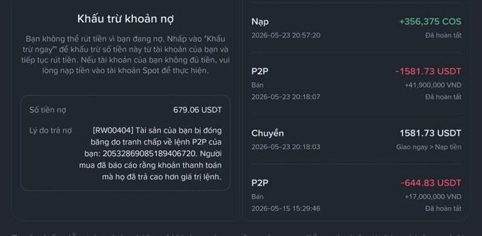 A cryptocurrency exchange interface in Vietnamese showing a debt repayment section ('Khấu trừ khoản nợ') with an outstanding amount of 679.06 USDT, alongside transaction history including deposits (+356,375 COS) and P2P trades.