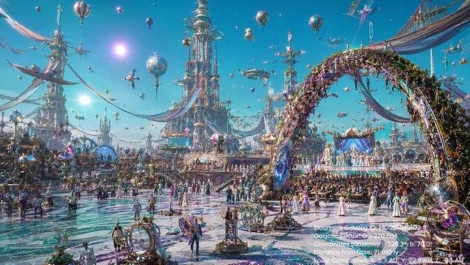 A vibrant fantasy digital artwork depicting an elaborate cityscape with tall spires, flying airships, hot air balloons, and crowds of people in an open plaza under a bright blue sky.