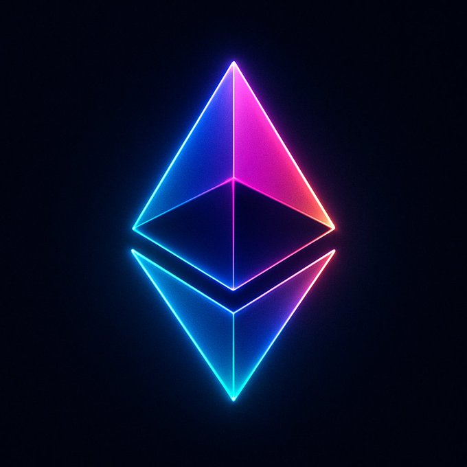 The image features a neon-colored, 3D-rendered cryptocurrency symbol that resembles a pyramid with two triangular faces connected by a line. The background is black, which contrasts with the vibrant colors of the symbol. In the caption below the image, there's an announcement about Bitcoin buying $240M worth of Ethereum.