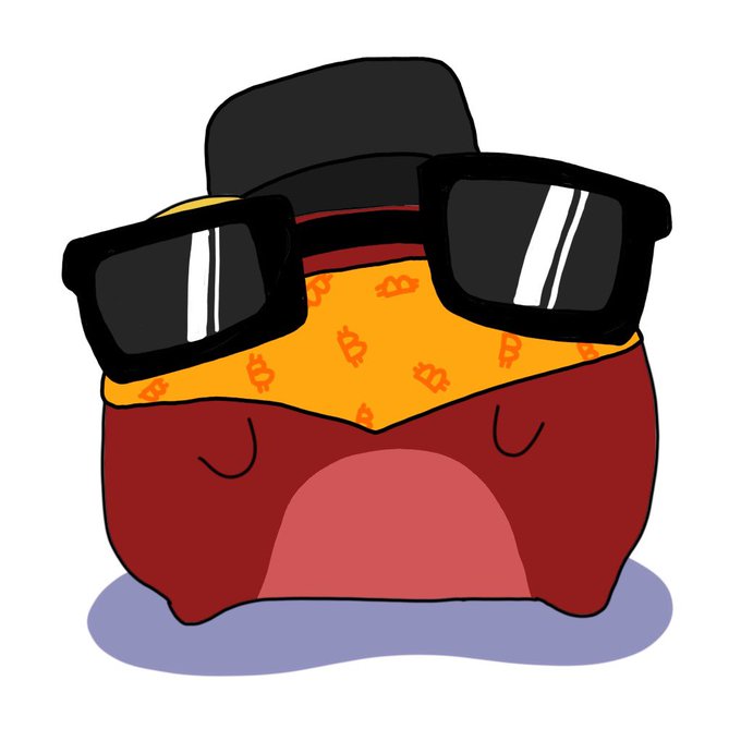 A cartoon character wearing a black top hat and square sunglasses, with an orange bandana patterned with Bitcoin "₿" symbols covering its face, sits against a white background—visually representing a crypto/NFT enthusiast responding with "gm" (good morning) to fellow NFT community members.