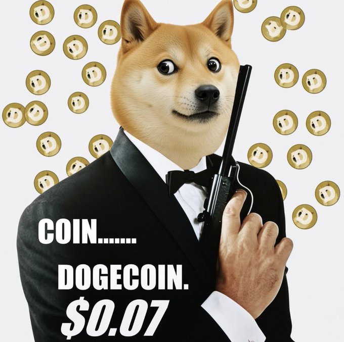 A meme-style image featuring the Doge Shiba Inu dog dressed as a secret agent in a tuxedo holding a gun, surrounded by Dogecoin logos with text reading "COIN...... DOGECOIN. $0.07".