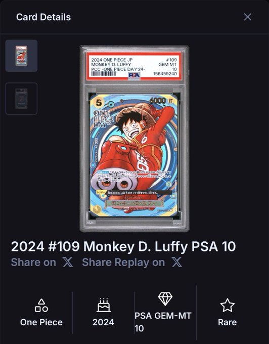 A PSA 10 graded 2024 One Piece #109 Monkey D. Luffy Japanese card displayed in a slab with a GEM MT rating and "1/1 ONE PIECE DAY 24" commemorative label, shown in a Card Details interface marking it as a Rare collectible.