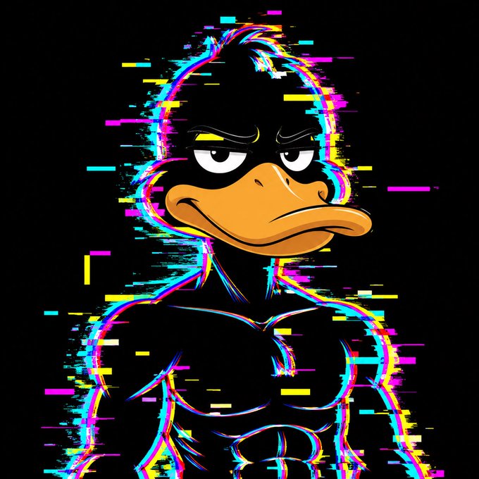A muscular cartoon duck character is depicted with a glitch effect of pink, yellow, and blue horizontal lines against a black background.