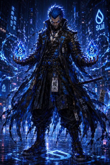 An anime-style illustration of a blue-haired warrior in dark robes wielding glowing blue energy, surrounded by 'sui' blockchain logos and Japanese characters in a neon-lit cyberpunk cityscape.