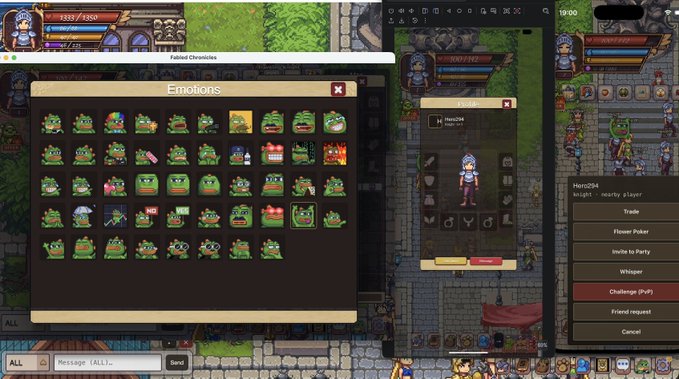 A screenshot of the pixel-art MMORPG game Fallen Chronicle showing an Emotions window full of frog face icons, with a character named 'Hero294' classified as a 'Knight - nearby slayer' and a PvP challenge prompt.