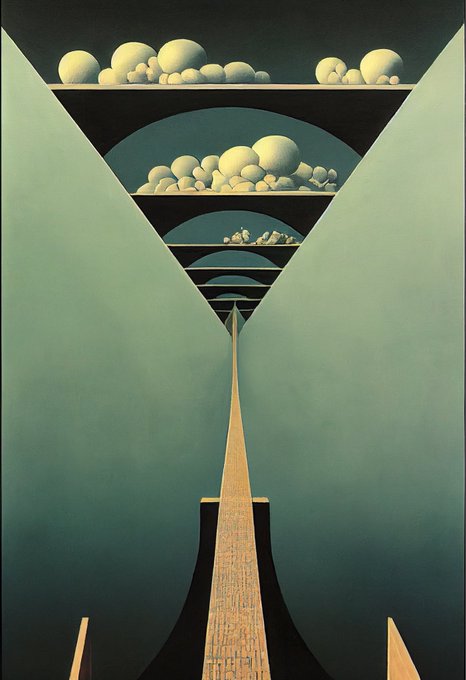 A surreal painting depicts a pathway leading through a series of archways filled with spherical objects against a green sky.