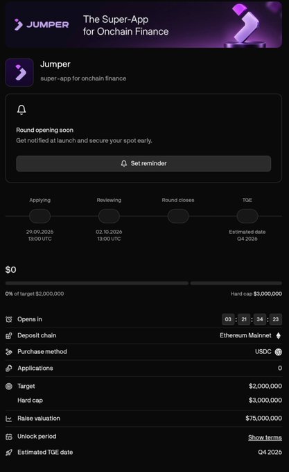 A cryptocurrency launchpad page for 'Jumper - The Super-App for Onchain Finance,' showing 'Round opening soon' with a target of $2,000,000 and a $75,000,000 raise valuation.