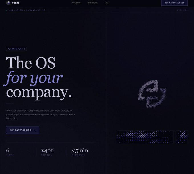 A website homepage for "Pagga" displaying the tagline "The OS for your company" with a "GET EARLY ACCESS" button and metrics showing 6 agents, x402 protocol, and <5min incorporate.