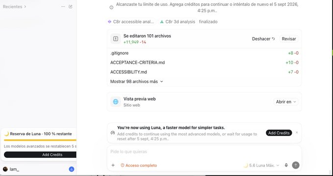 A screenshot of a coding interface showing 101 files were edited including .gitignore, ACCEPTANCE-CRITERIA.md, and ACCESSIBILITY.md, with a notification about using a faster 'Luna' model and a 'Reserva de Luna' credits display.
