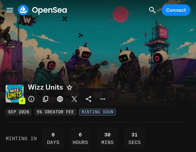 An OpenSea NFT collection page for 'Wizz Units' showing character artwork, a 5% creator fee, minting soon in September 2026, and a countdown timer of 6 hours, 30 minutes, 31 seconds.